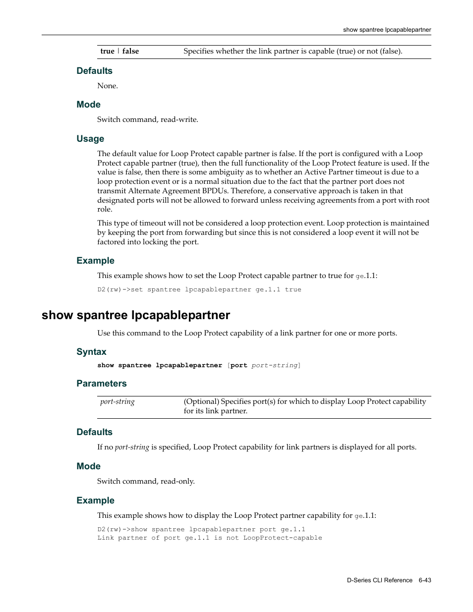 Show spantree lpcapablepartner, Show spantree lpcapablepartner -43 | Enterasys Networks Enterasys D2 D2G124-12P User Manual | Page 235 / 496