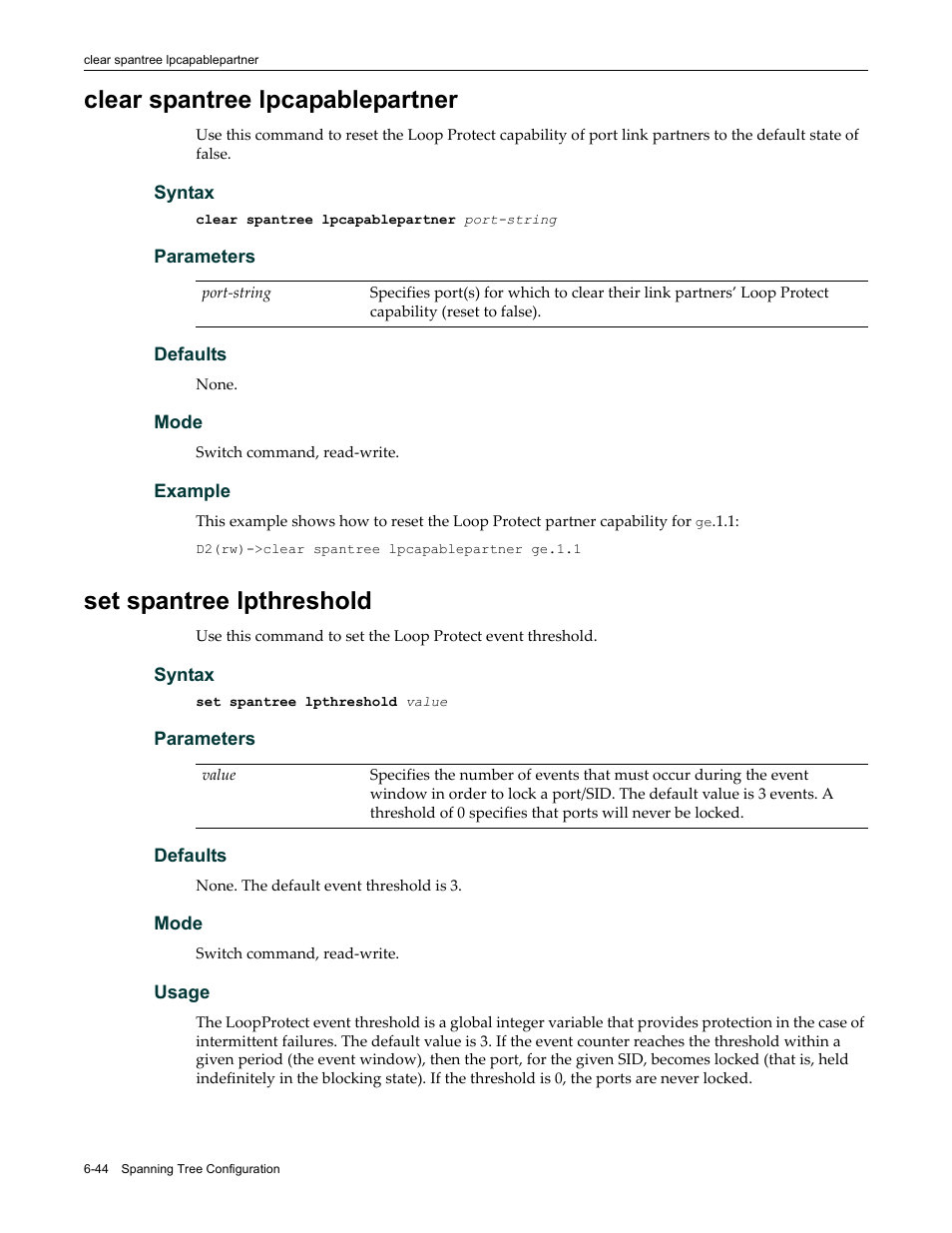 Clear spantree lpcapablepartner, Set spantree lpthreshold | Enterasys Networks Enterasys D2 D2G124-12P User Manual | Page 236 / 496