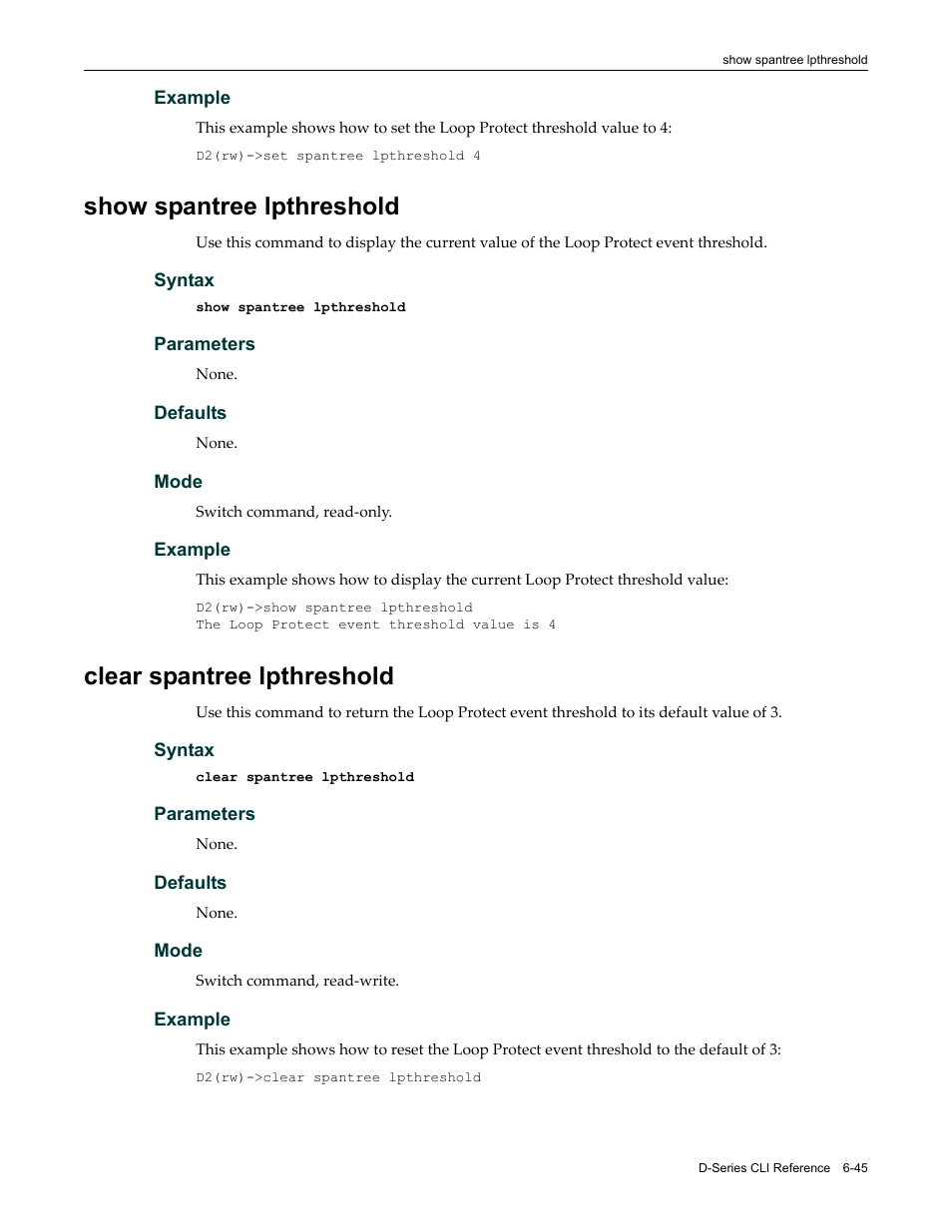 Show spantree lpthreshold, Clear spantree lpthreshold | Enterasys Networks Enterasys D2 D2G124-12P User Manual | Page 237 / 496