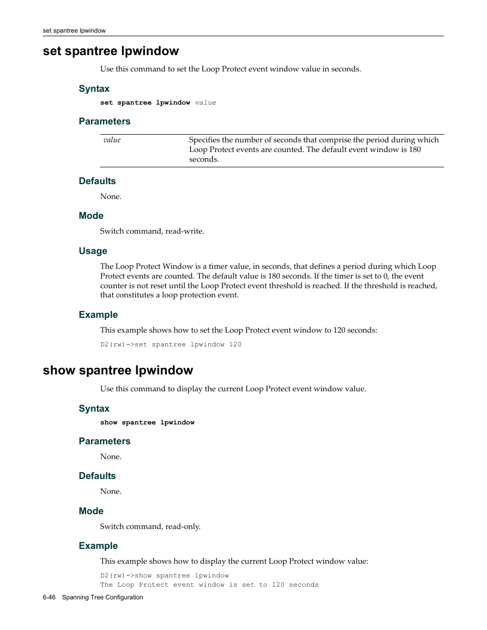 Set spantree lpwindow, Show spantree lpwindow | Enterasys Networks Enterasys D2 D2G124-12P User Manual | Page 238 / 496