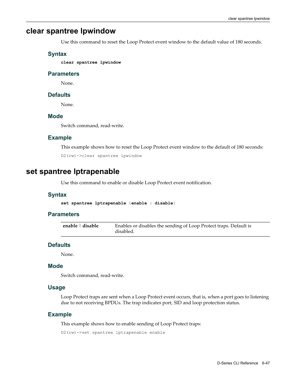 Clear spantree lpwindow, Set spantree lptrapenable | Enterasys Networks Enterasys D2 D2G124-12P User Manual | Page 239 / 496