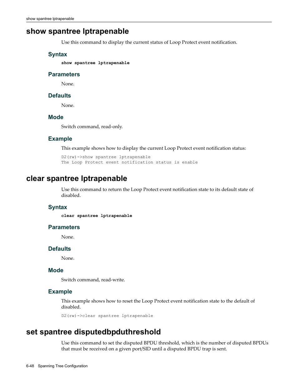 Show spantree lptrapenable, Clear spantree lptrapenable, Set spantree disputedbpduthreshold | Enterasys Networks Enterasys D2 D2G124-12P User Manual | Page 240 / 496