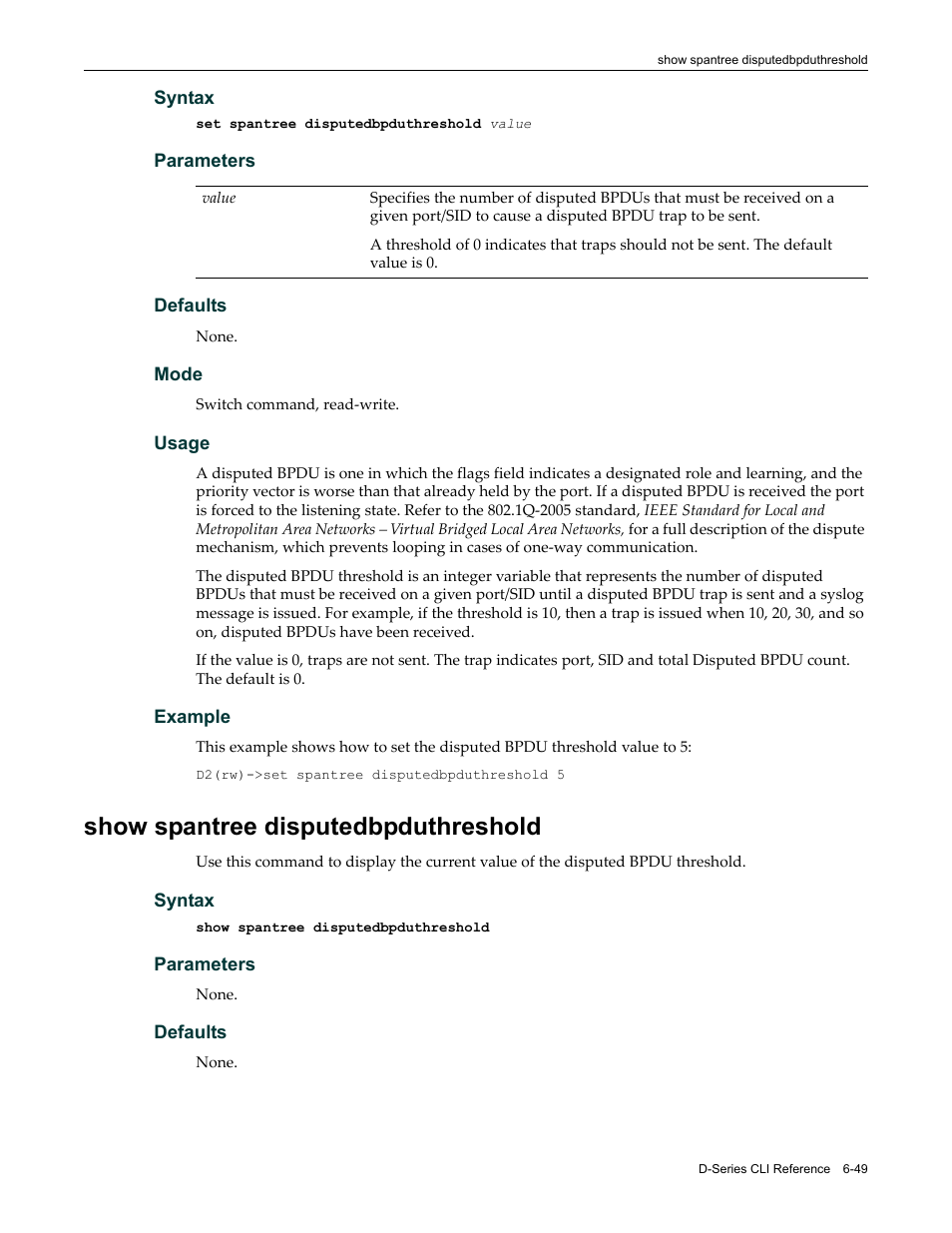 Show spantree disputedbpduthreshold, Show spantree disputedbpduthreshold -49 | Enterasys Networks Enterasys D2 D2G124-12P User Manual | Page 241 / 496