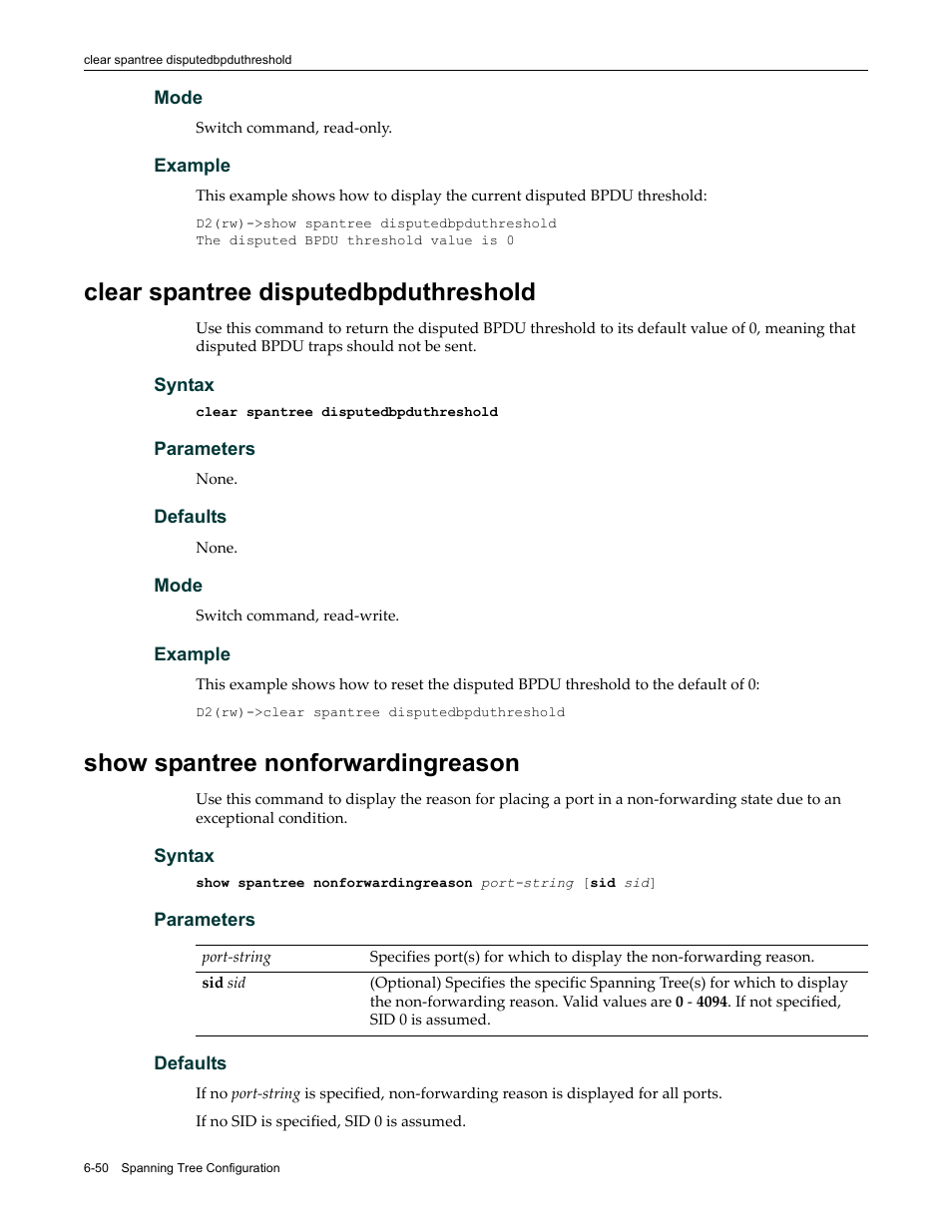 Clear spantree disputedbpduthreshold, Show spantree nonforwardingreason | Enterasys Networks Enterasys D2 D2G124-12P User Manual | Page 242 / 496