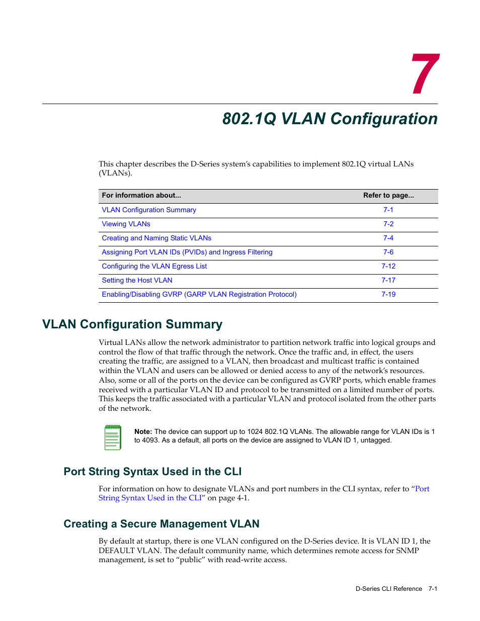 1q vlan configuration, Vlan configuration summary, Port string syntax used in the cli | Creating a secure management vlan, Chapter 7: 802.1q vlan configuration, Vlan configuration summary -1, Chapter 7 | Enterasys Networks Enterasys D2 D2G124-12P User Manual | Page 245 / 496