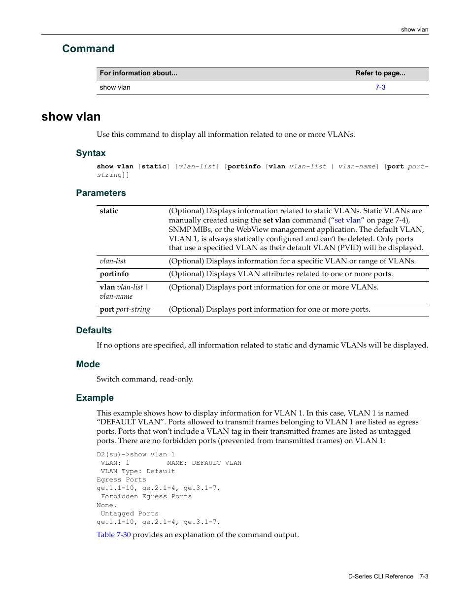 Command, Show vlan, Command -3 | Show vlan -3 | Enterasys Networks Enterasys D2 D2G124-12P User Manual | Page 247 / 496