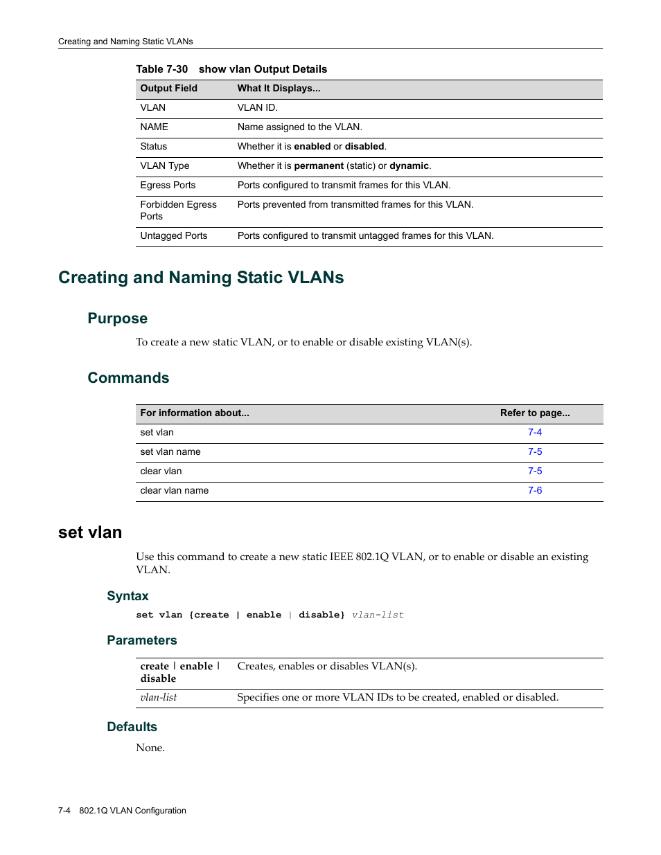 Creating and naming static vlans, Purpose, Commands | Set vlan, Creating and naming static vlans -4, Purpose -4 commands -4, Set vlan -4, Show vlan output details -4, Table 7‐30 | Enterasys Networks Enterasys D2 D2G124-12P User Manual | Page 248 / 496