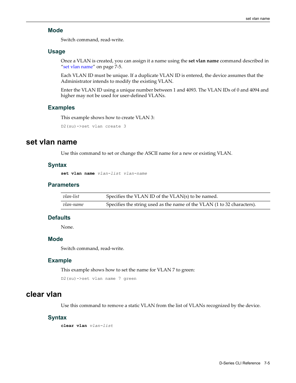 Set vlan name, Clear vlan, Set vlan name -5 clear vlan -5 | Enterasys Networks Enterasys D2 D2G124-12P User Manual | Page 249 / 496