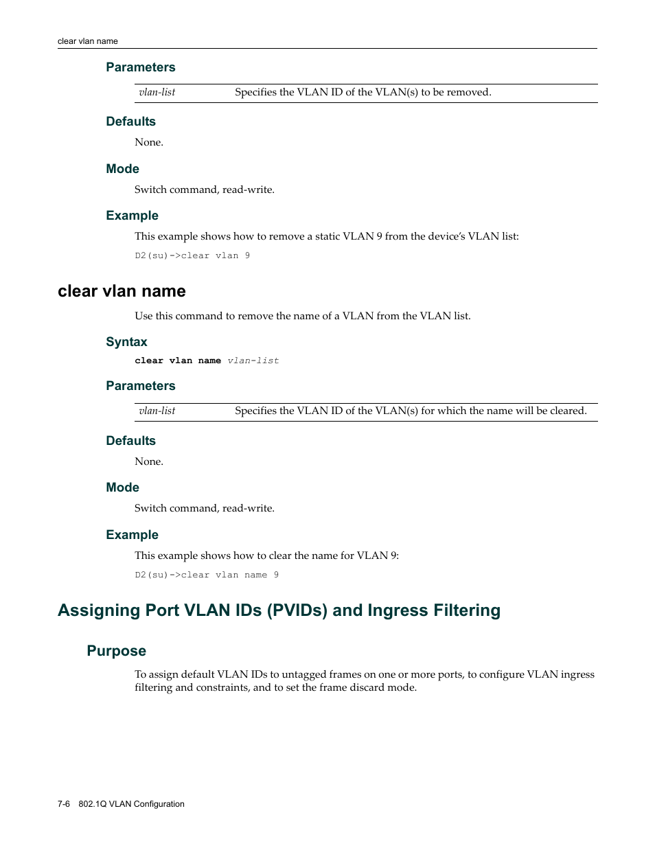 Clear vlan name, Purpose, Clear vlan name -6 | Purpose -6 | Enterasys Networks Enterasys D2 D2G124-12P User Manual | Page 250 / 496