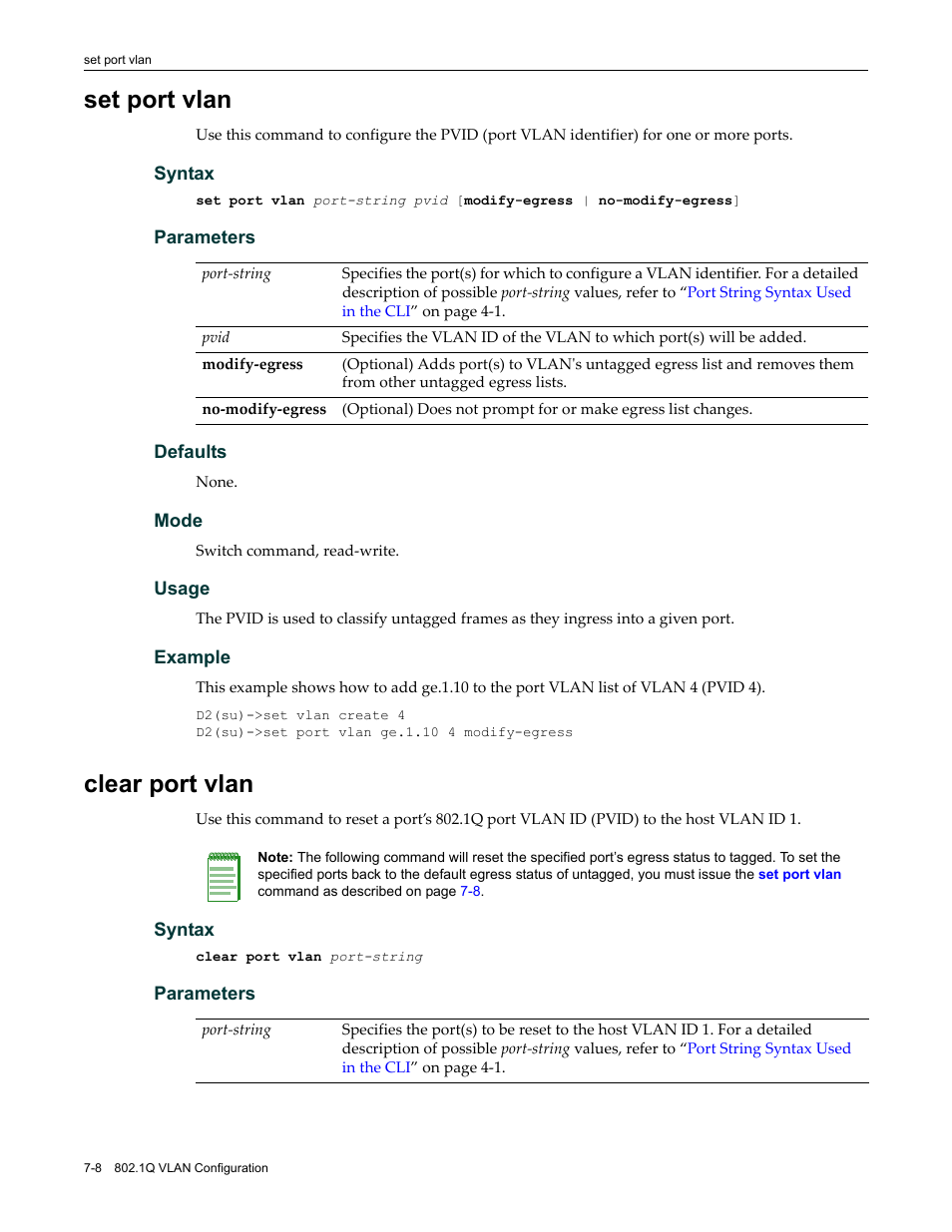 Set port vlan, Clear port vlan, Set port vlan -8 clear port vlan -8 | Enterasys Networks Enterasys D2 D2G124-12P User Manual | Page 252 / 496