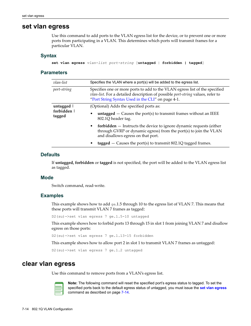 Set vlan egress, Clear vlan egress, Set vlan egress -14 clear vlan egress -14 | Enterasys Networks Enterasys D2 D2G124-12P User Manual | Page 258 / 496