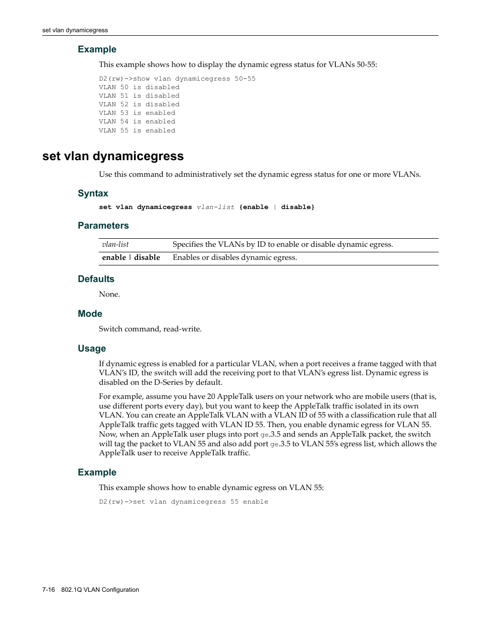 Set vlan dynamicegress, Set vlan dynamicegress -16 | Enterasys Networks Enterasys D2 D2G124-12P User Manual | Page 260 / 496