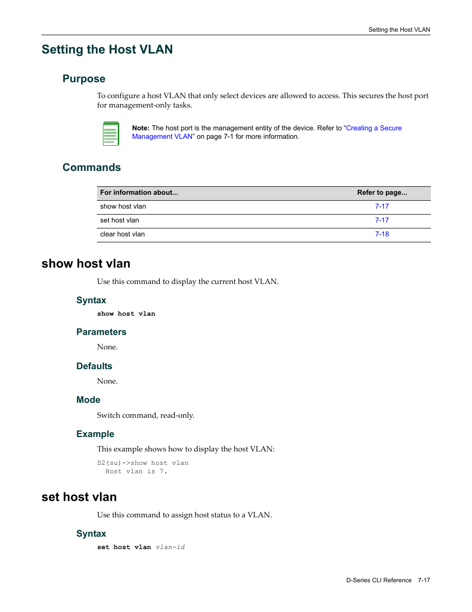 Setting the host vlan, Purpose, Commands | Show host vlan, Set host vlan, Setting the host vlan -17, Purpose -17 commands -17, Show host vlan -17 set host vlan -17 | Enterasys Networks Enterasys D2 D2G124-12P User Manual | Page 261 / 496