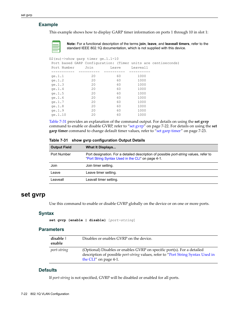 Set gvrp, Set gvrp -22, Show gvrp configuration output details -22 | Enterasys Networks Enterasys D2 D2G124-12P User Manual | Page 266 / 496