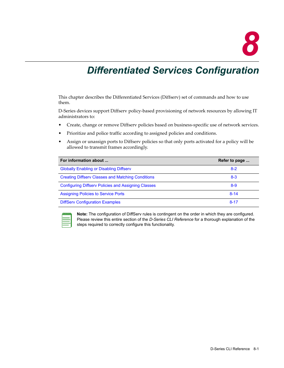 Differentiated services configuration, Chapter 8: differentiated services configuration, Chapter 8 | Enterasys Networks Enterasys D2 D2G124-12P User Manual | Page 269 / 496