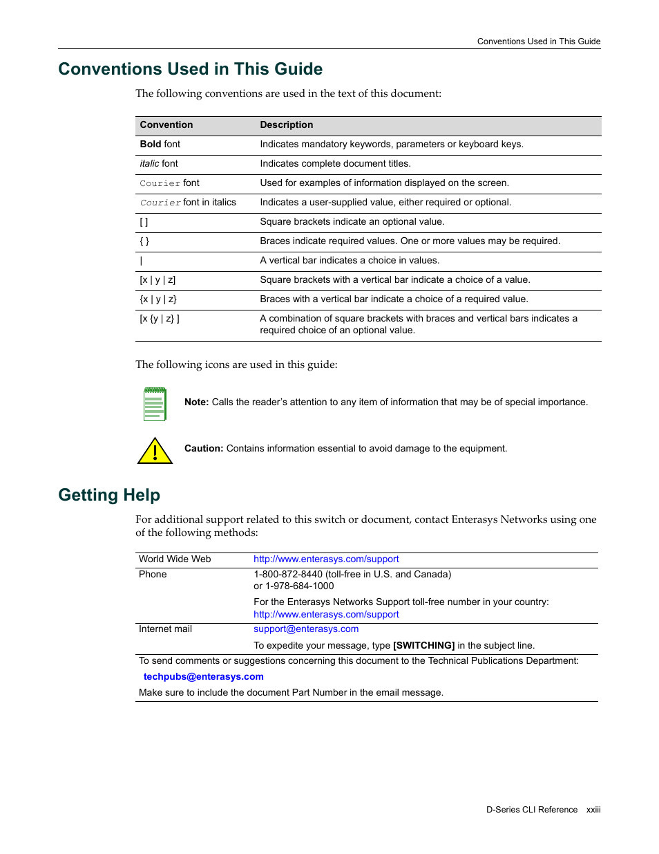 Conventions used in this guide, Getting help | Enterasys Networks Enterasys D2 D2G124-12P User Manual | Page 27 / 496