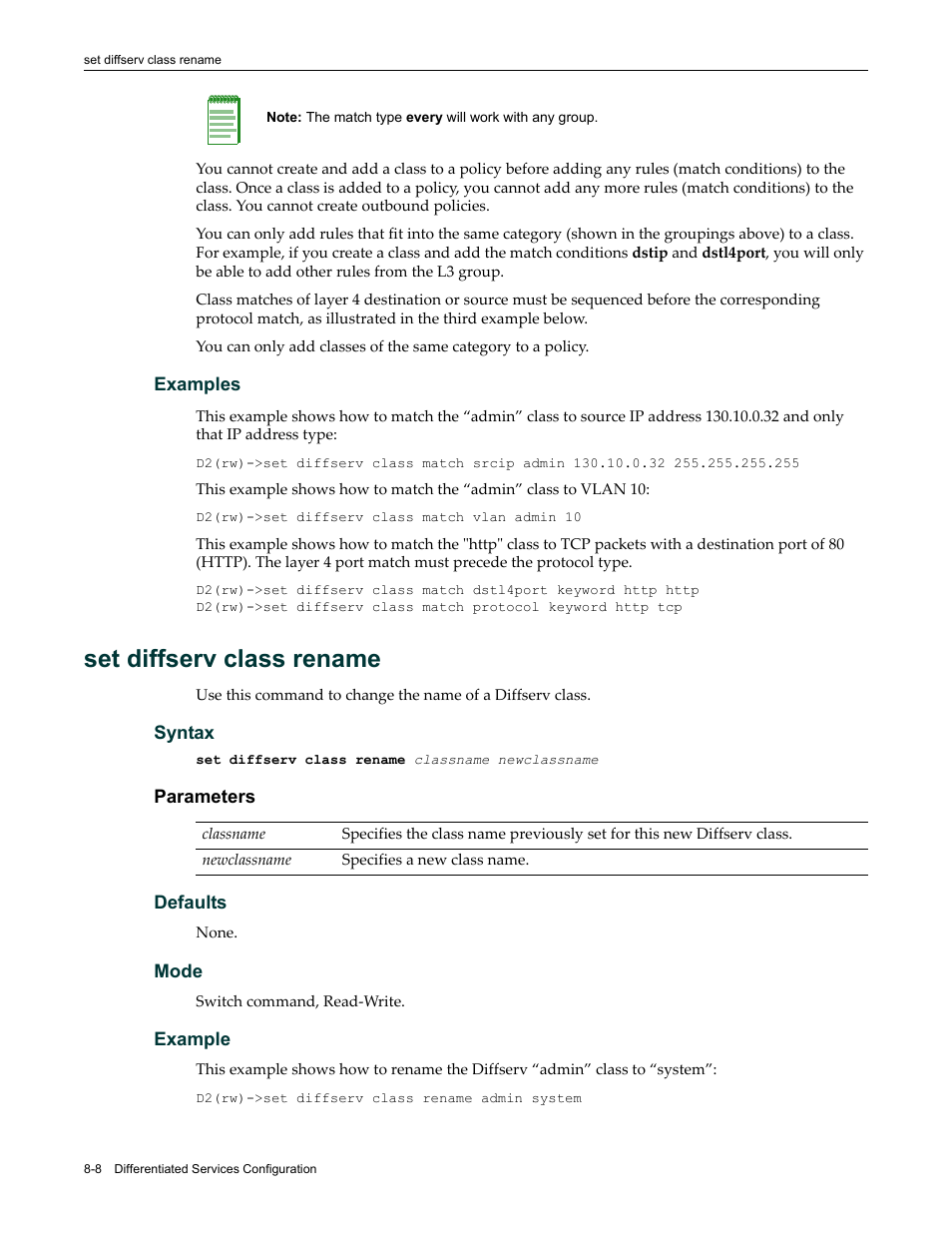 Set diffserv class rename, Set diffserv class rename -8 | Enterasys Networks Enterasys D2 D2G124-12P User Manual | Page 276 / 496