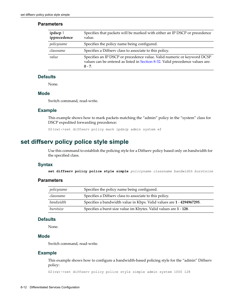 Set diffserv policy police style simple, Set diffserv policy police style simple -12 | Enterasys Networks Enterasys D2 D2G124-12P User Manual | Page 280 / 496