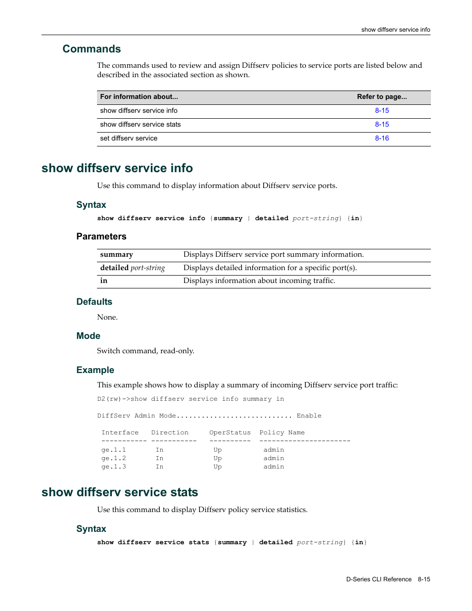 Commands, Show diffserv service info, Show diffserv service stats | Commands -15, Show diffserv service info -15, Show diffserv service stats -15 | Enterasys Networks Enterasys D2 D2G124-12P User Manual | Page 283 / 496