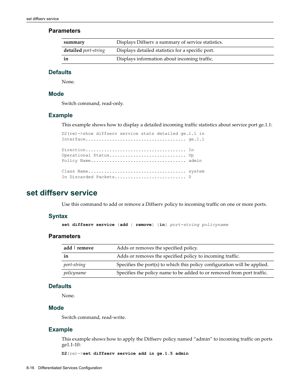 Set diffserv service, Set diffserv service -16 | Enterasys Networks Enterasys D2 D2G124-12P User Manual | Page 284 / 496