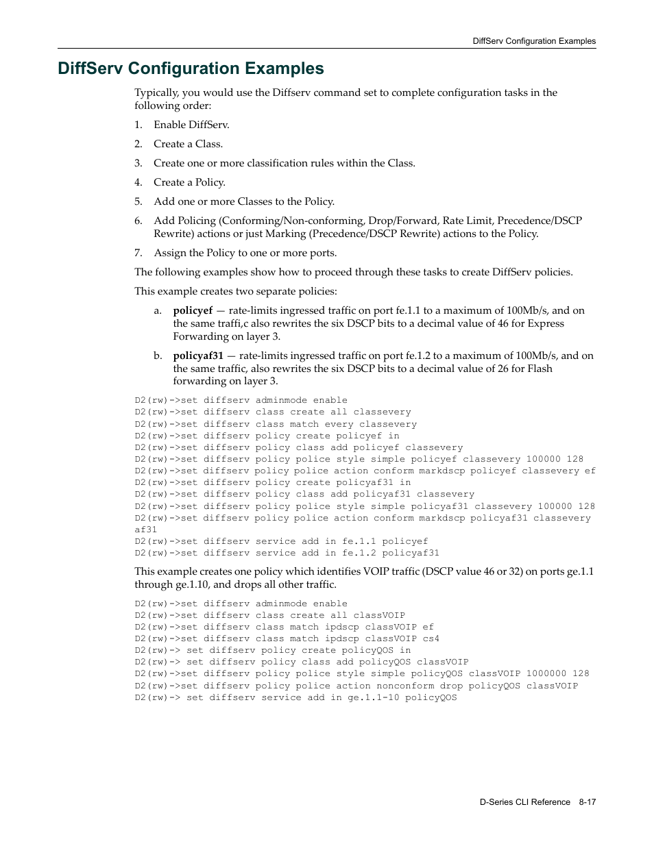 Diffserv configuration examples, Diffserv configuration examples -17 | Enterasys Networks Enterasys D2 D2G124-12P User Manual | Page 285 / 496