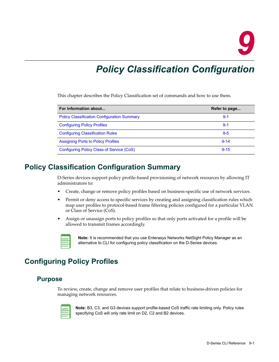 Policy classification configuration, Policy classification configuration summary, Configuring policy profiles | Purpose, Chapter 9: policy classification configuration, Purpose -1, Chapter 9 | Enterasys Networks Enterasys D2 D2G124-12P User Manual | Page 287 / 496