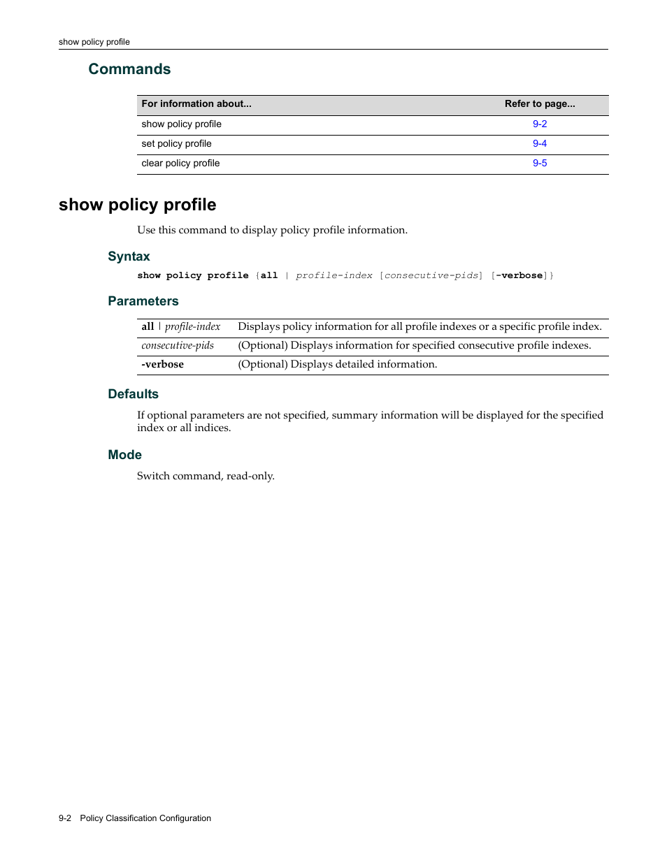 Commands, Show policy profile, Commands -2 | Show policy profile -2 | Enterasys Networks Enterasys D2 D2G124-12P User Manual | Page 288 / 496