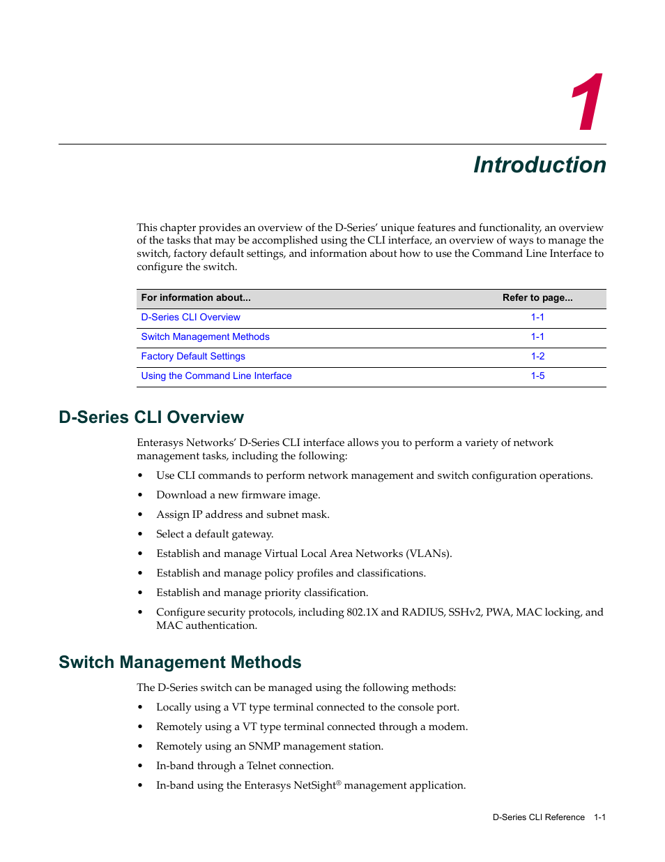 Introduction, D-series cli overview, Switch management methods | Chapter 1: introduction, Chapter 1 | Enterasys Networks Enterasys D2 D2G124-12P User Manual | Page 29 / 496