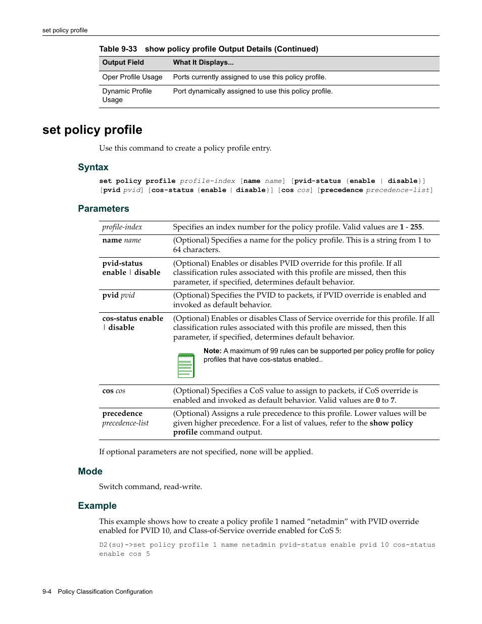 Set policy profile, Set policy profile -4 | Enterasys Networks Enterasys D2 D2G124-12P User Manual | Page 290 / 496