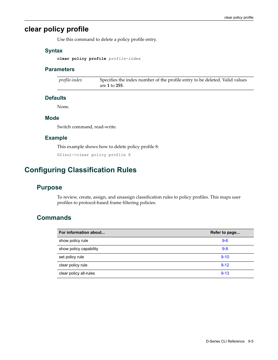 Clear policy profile, Configuring classification rules, Purpose | Commands, Clear policy profile -5, Configuring classification rules -5, Purpose -5 commands -5 | Enterasys Networks Enterasys D2 D2G124-12P User Manual | Page 291 / 496