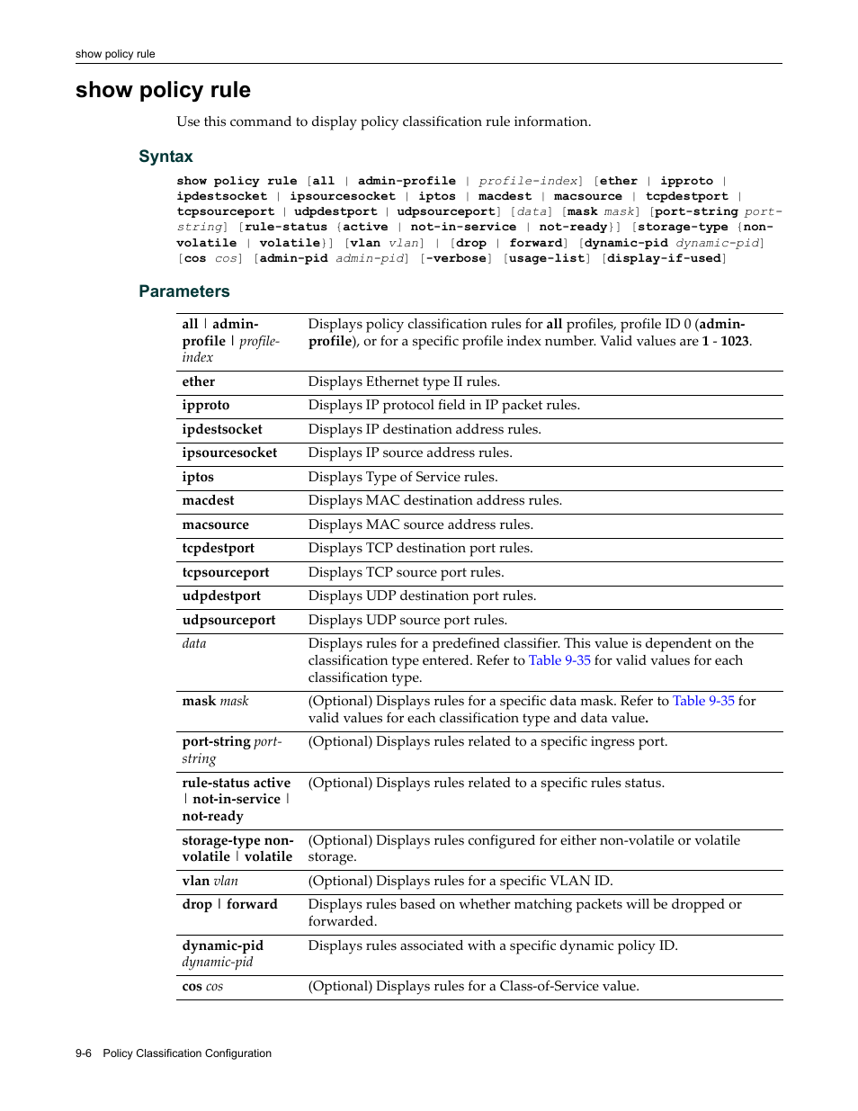 Show policy rule, Show policy rule -6 | Enterasys Networks Enterasys D2 D2G124-12P User Manual | Page 292 / 496