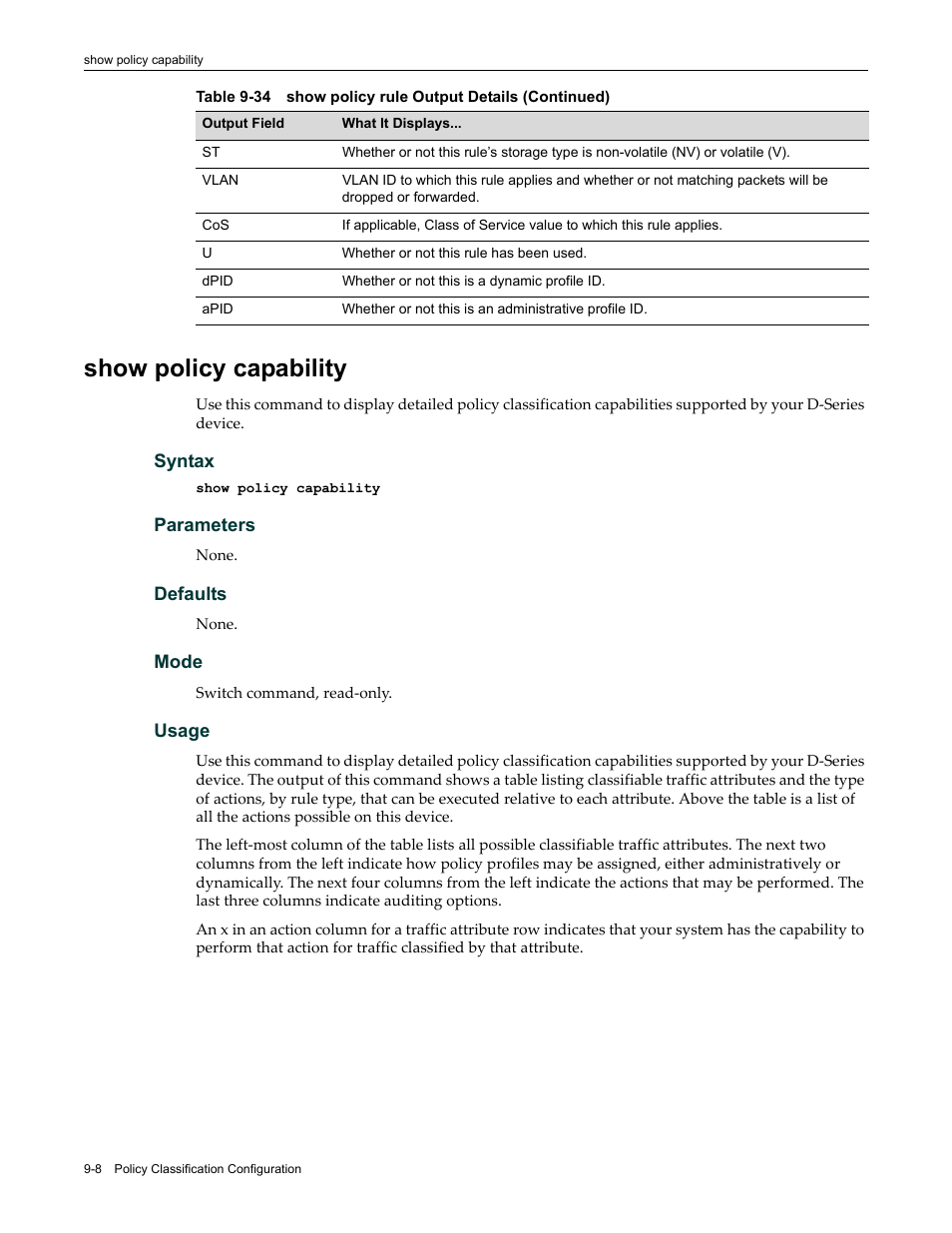 Show policy capability, Show policy capability -8 | Enterasys Networks Enterasys D2 D2G124-12P User Manual | Page 294 / 496