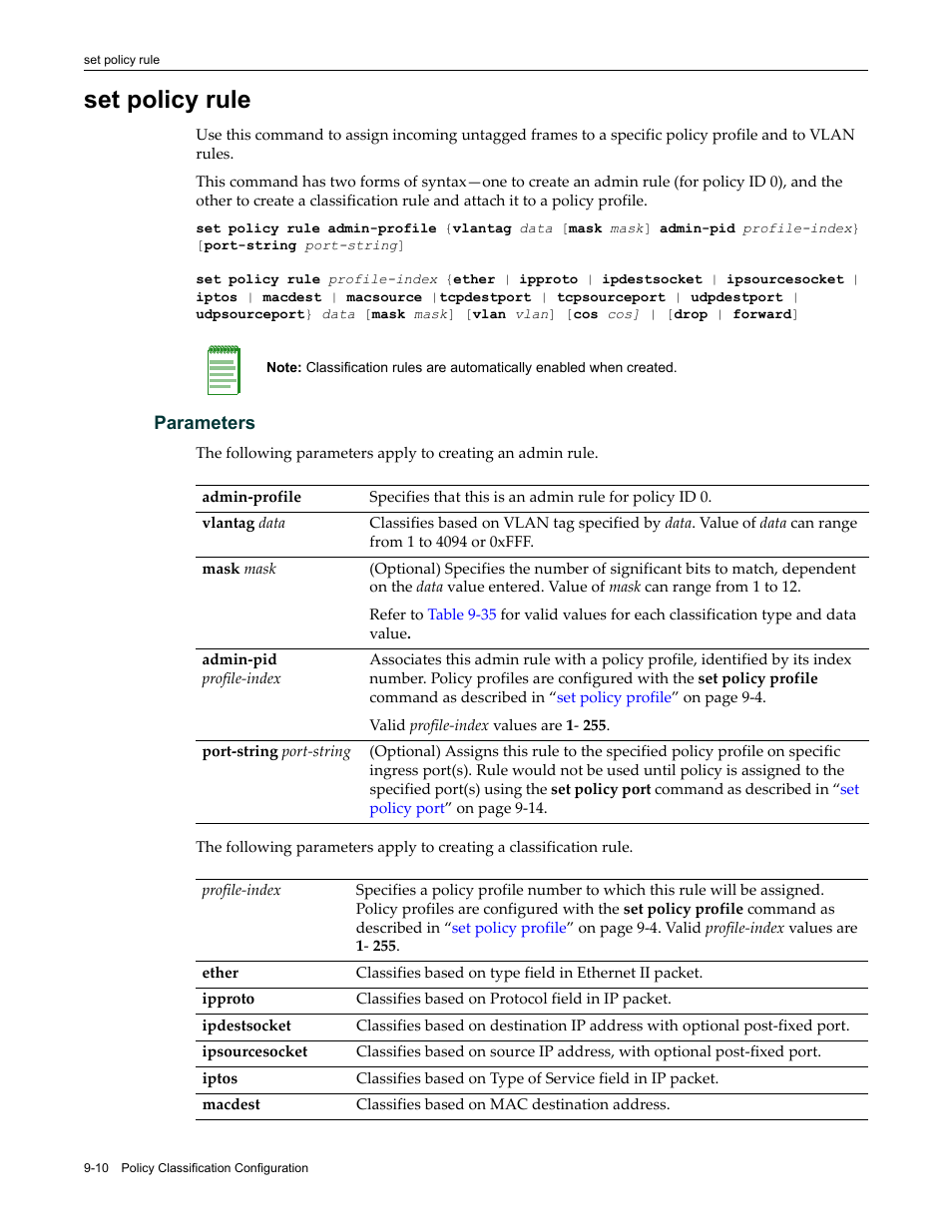 Set policy rule, Set policy rule -10, Policy rule | Enterasys Networks Enterasys D2 D2G124-12P User Manual | Page 296 / 496