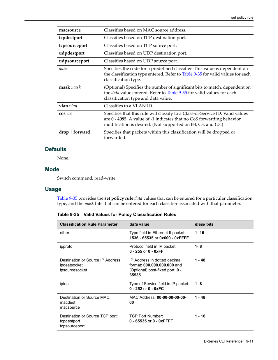 Valid values for policy classification rules -11, Table 9-35, For v | Table 9‐35 | Enterasys Networks Enterasys D2 D2G124-12P User Manual | Page 297 / 496