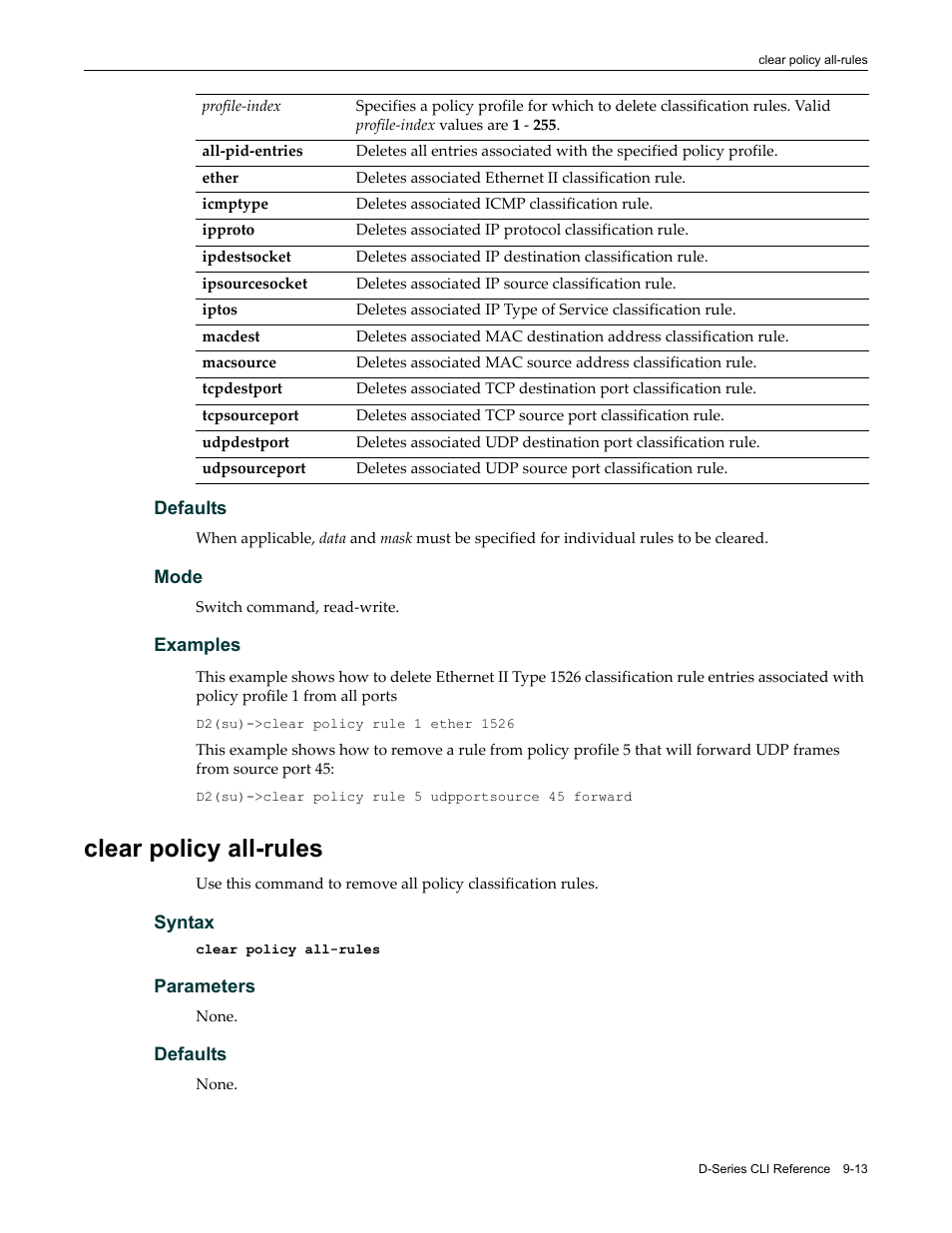 Clear policy all-rules, Clear policy all-rules -13 | Enterasys Networks Enterasys D2 D2G124-12P User Manual | Page 299 / 496