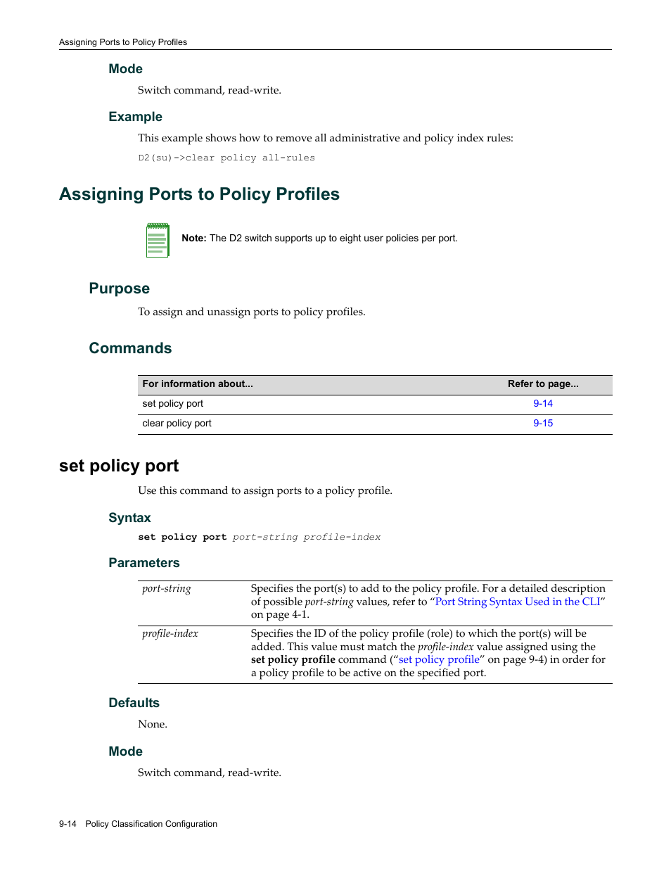 Assigning ports to policy profiles, Purpose, Commands | Set policy port, Assigning ports to policy profiles -14, Purpose -14 commands -14, Set policy port -14, Policy port | Enterasys Networks Enterasys D2 D2G124-12P User Manual | Page 300 / 496