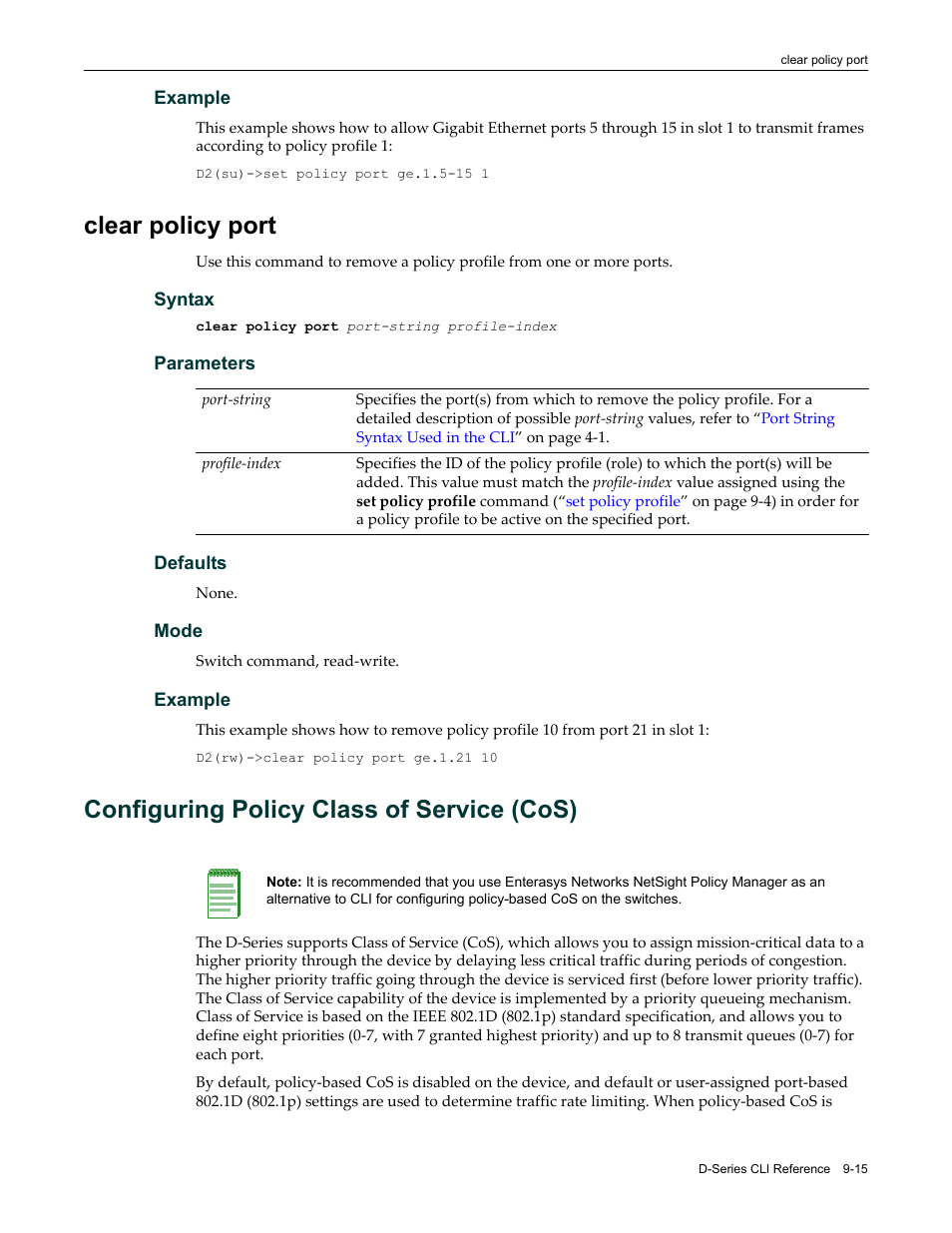 Clear policy port, Configuring policy class of service (cos), Clear policy port -15 | Configuring policy class of service (cos) -15 | Enterasys Networks Enterasys D2 D2G124-12P User Manual | Page 301 / 496