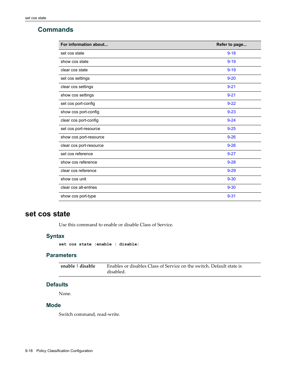 Commands, Set cos state, Commands -18 | Set cos state -18 | Enterasys Networks Enterasys D2 D2G124-12P User Manual | Page 304 / 496