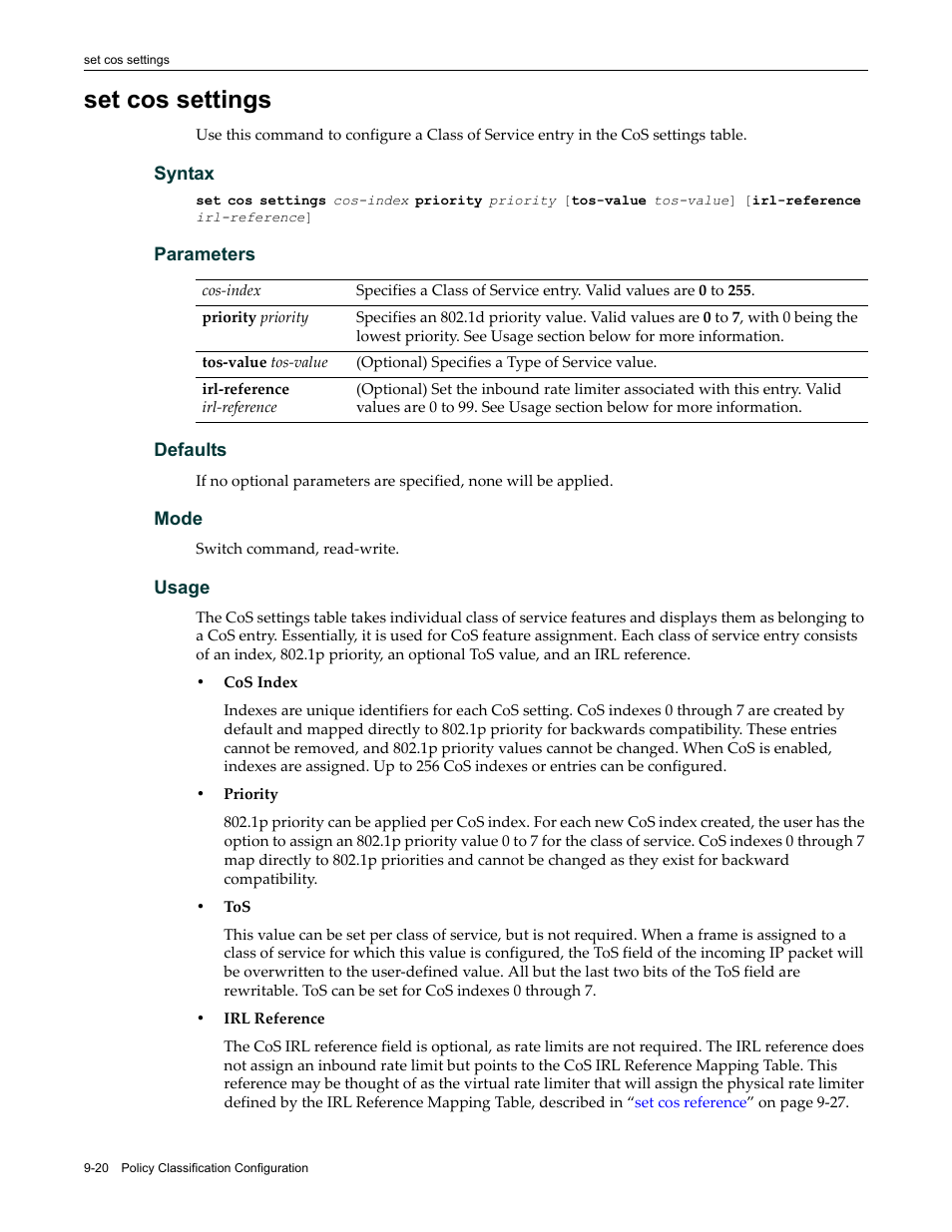 Set cos settings, Set cos settings -20 | Enterasys Networks Enterasys D2 D2G124-12P User Manual | Page 306 / 496