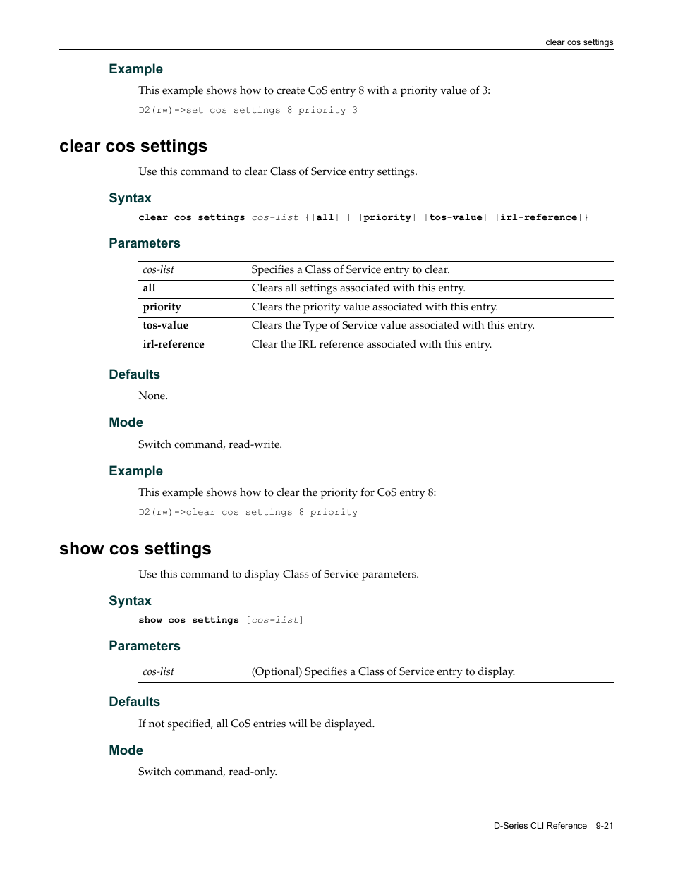 Clear cos settings, Show cos settings, Clear cos settings -21 show cos settings -21 | Enterasys Networks Enterasys D2 D2G124-12P User Manual | Page 307 / 496