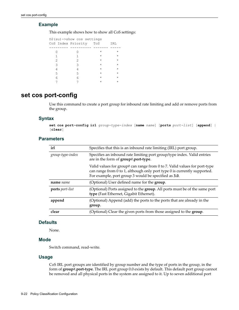 Set cos port-config, Set cos port-config -22 | Enterasys Networks Enterasys D2 D2G124-12P User Manual | Page 308 / 496