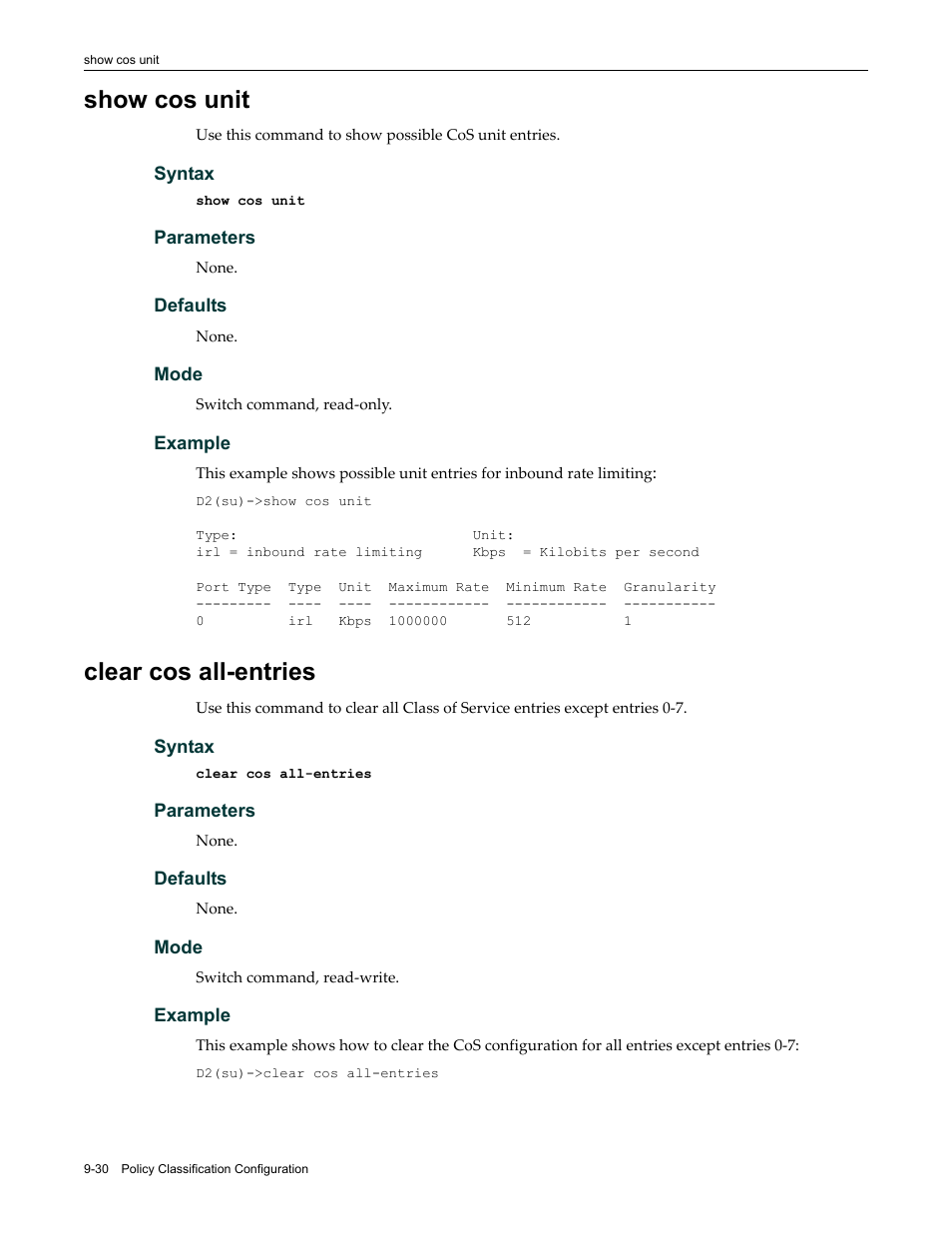 Show cos unit, Clear cos all-entries, Show cos unit -30 clear cos all-entries -30 | Enterasys Networks Enterasys D2 D2G124-12P User Manual | Page 316 / 496