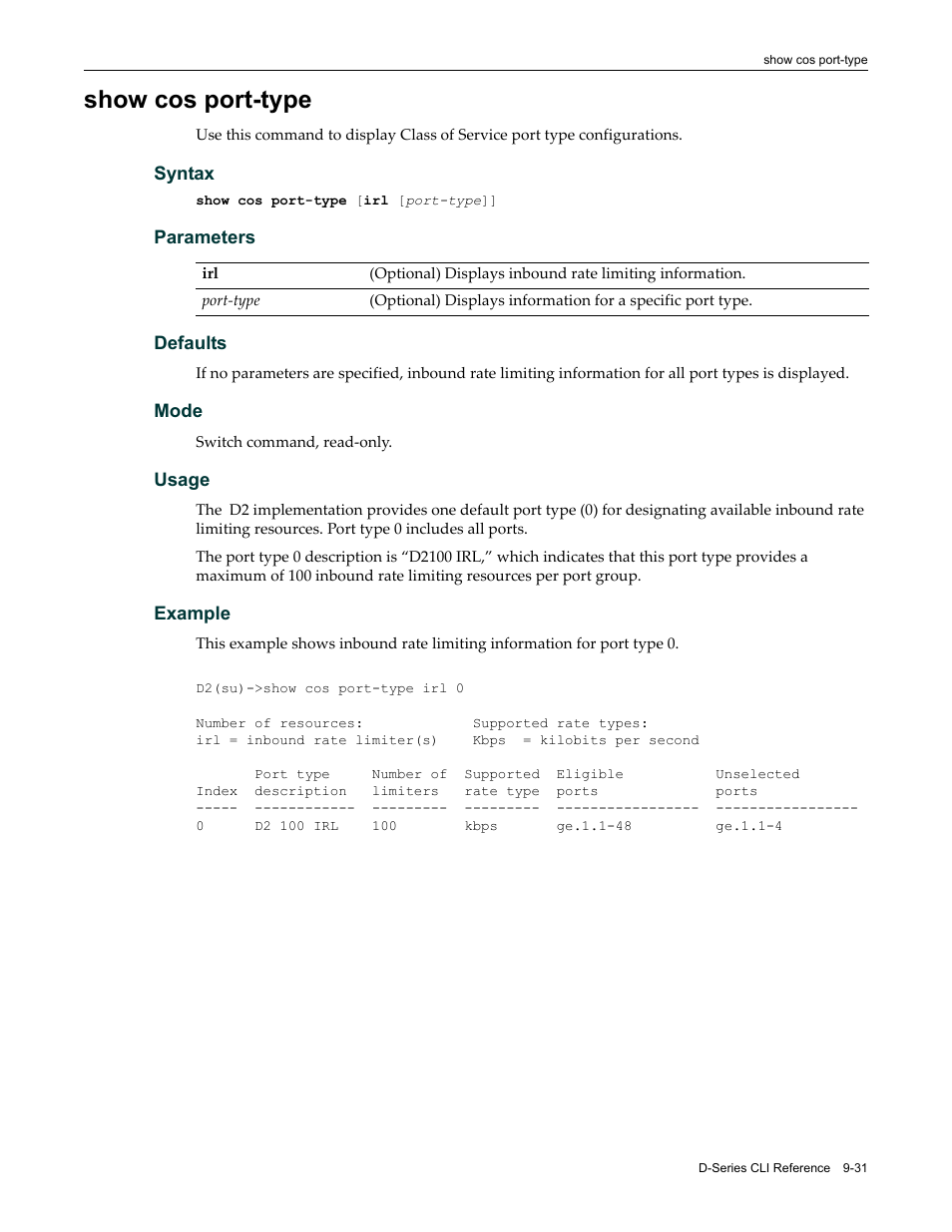 Show cos port-type, Show cos port-type -31 | Enterasys Networks Enterasys D2 D2G124-12P User Manual | Page 317 / 496