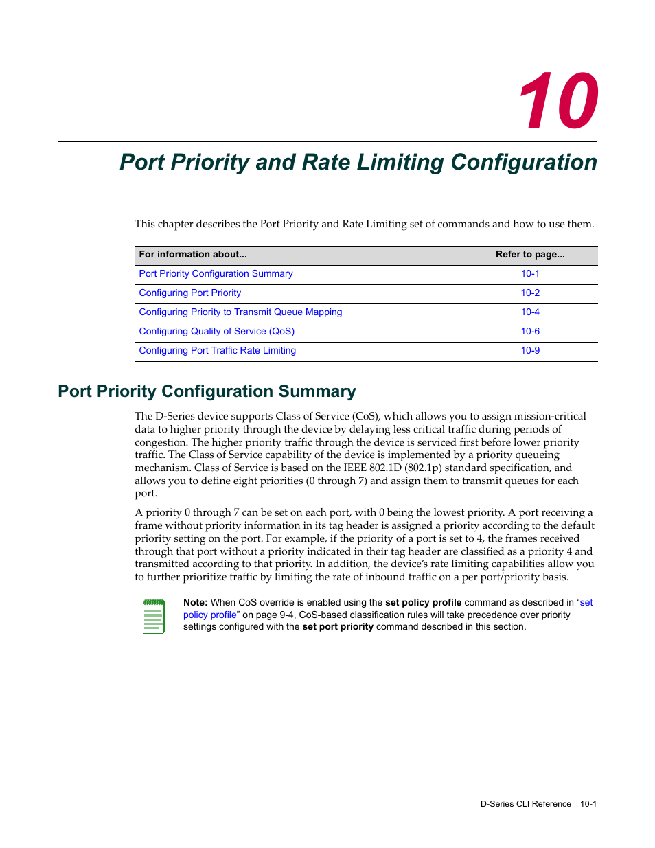 Port priority and rate limiting configuration, Port priority configuration summary, Port priority configuration summary -1 | Chapter 10 | Enterasys Networks Enterasys D2 D2G124-12P User Manual | Page 319 / 496