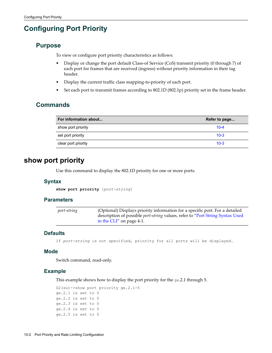 Configuring port priority, Purpose, Commands | Show port priority, Configuring port priority -2, Purpose -2 commands -2, Show port priority -2 | Enterasys Networks Enterasys D2 D2G124-12P User Manual | Page 320 / 496