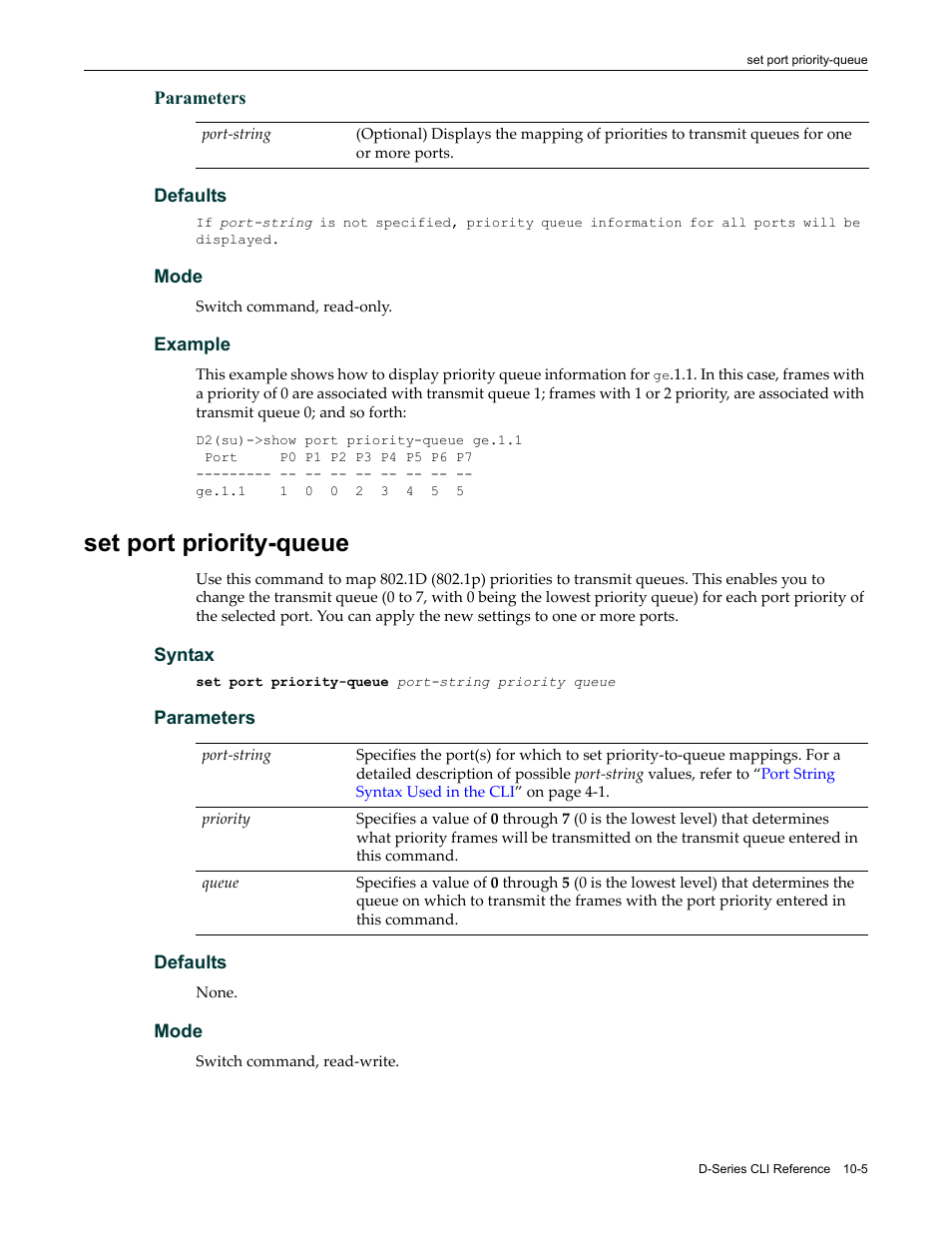 Set port priority-queue, Set port priority-queue -5, Set port priority‐queue | Enterasys Networks Enterasys D2 D2G124-12P User Manual | Page 323 / 496