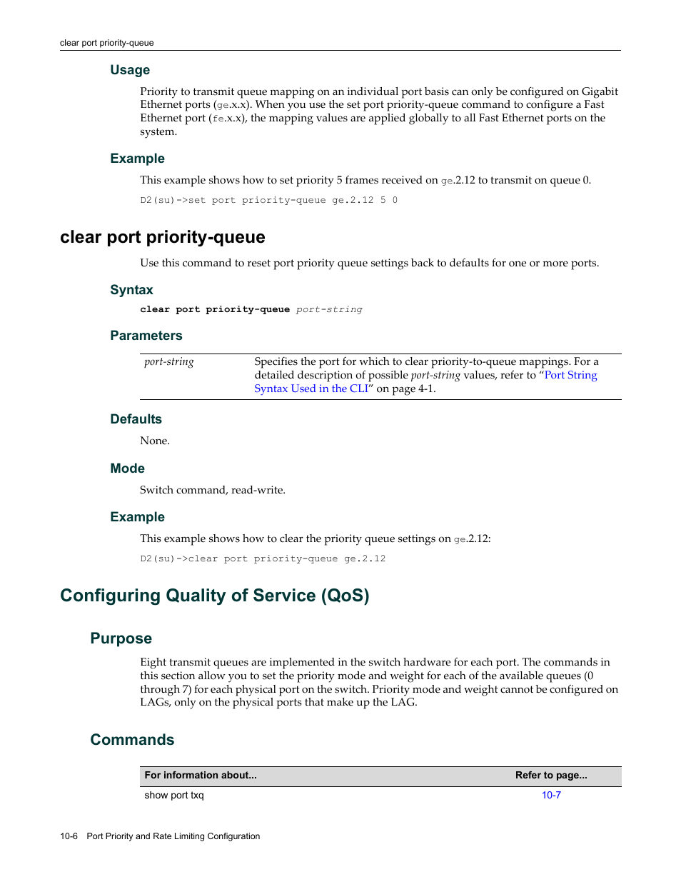 Clear port priority-queue, Configuring quality of service (qos), Purpose | Commands, Clear port priority-queue -6, Configuring quality of service (qos) -6, Purpose -6 commands -6 | Enterasys Networks Enterasys D2 D2G124-12P User Manual | Page 324 / 496