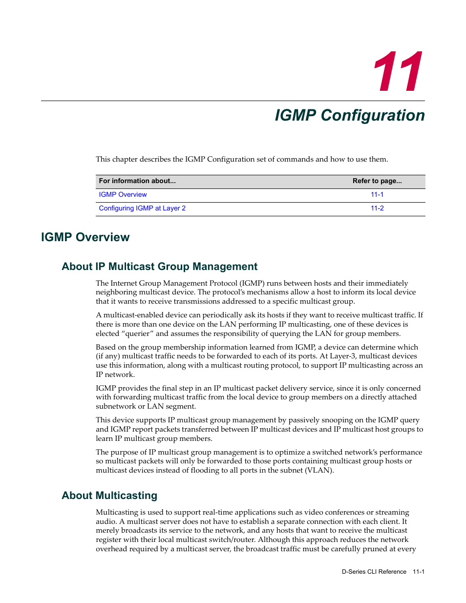 Igmp configuration, Igmp overview, About ip multicast group management | About multicasting, Chapter 11: igmp configuration, Igmp overview -1, Chapter 11 | Enterasys Networks Enterasys D2 D2G124-12P User Manual | Page 329 / 496