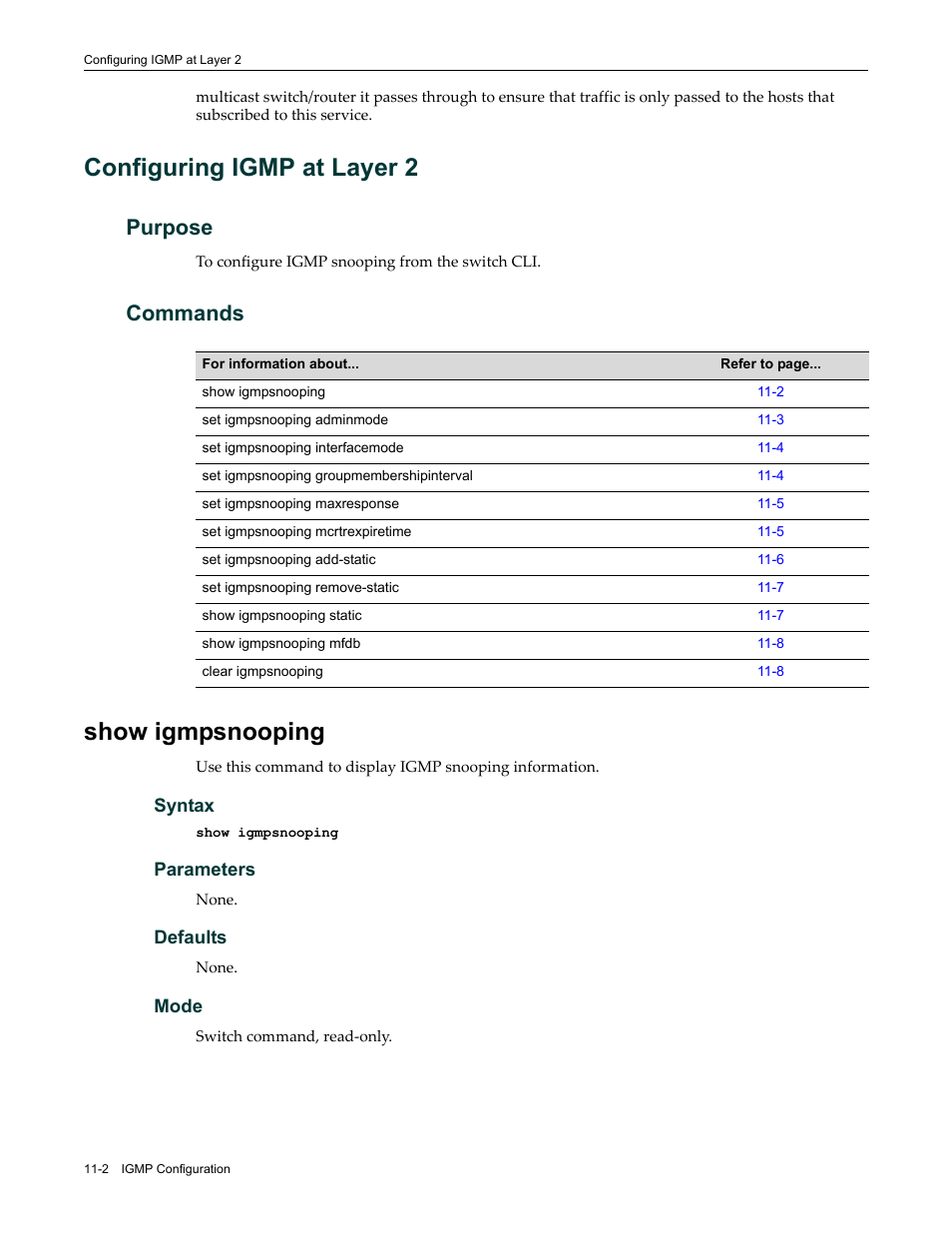 Configuring igmp at layer 2, Purpose, Commands | Show igmpsnooping, Configuring igmp at layer 2 -2, Purpose -2 commands -2, Show igmpsnooping -2 | Enterasys Networks Enterasys D2 D2G124-12P User Manual | Page 330 / 496