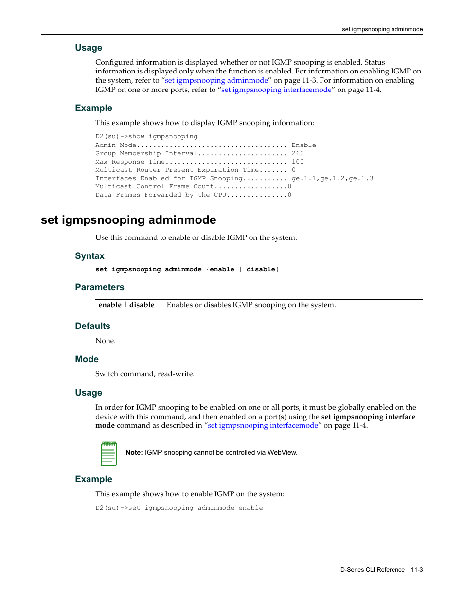 Set igmpsnooping adminmode, Set igmpsnooping adminmode -3 | Enterasys Networks Enterasys D2 D2G124-12P User Manual | Page 331 / 496